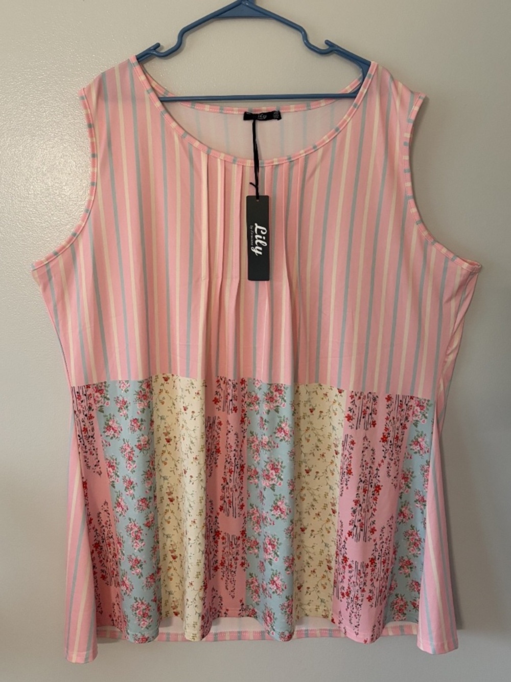 NWT Lily by Firmiana Women's 4XL Blue Pink Cottagecore Tunic Sleeveless Pleated